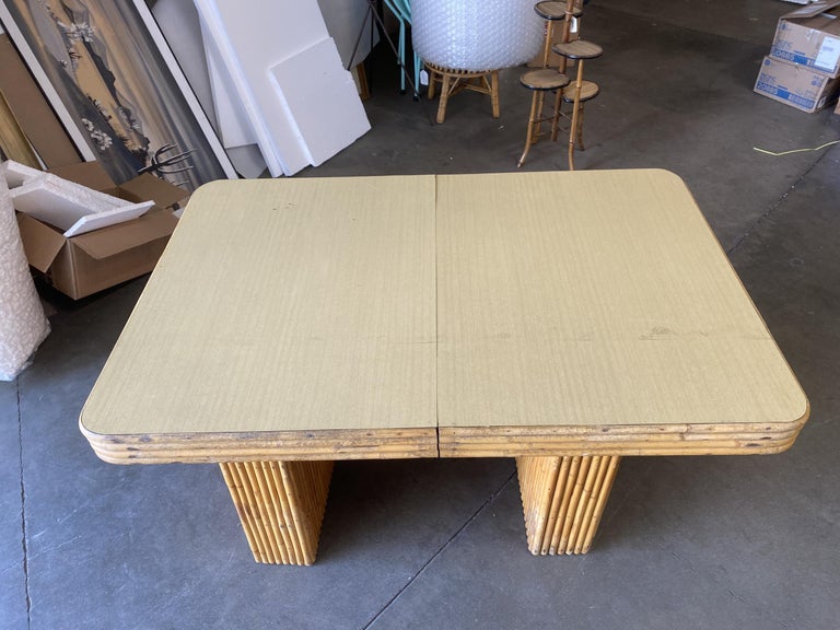 Restored Six-Person Rattan and Formica Dining Table with Vertically Stacked Base