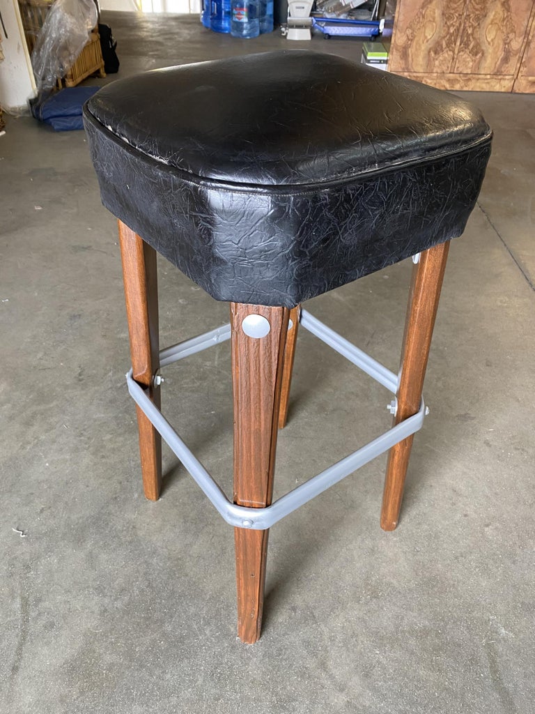 Modernist Steel Studded Knife Leg Bar Stool w/ Black Top Circa 1970, Pair