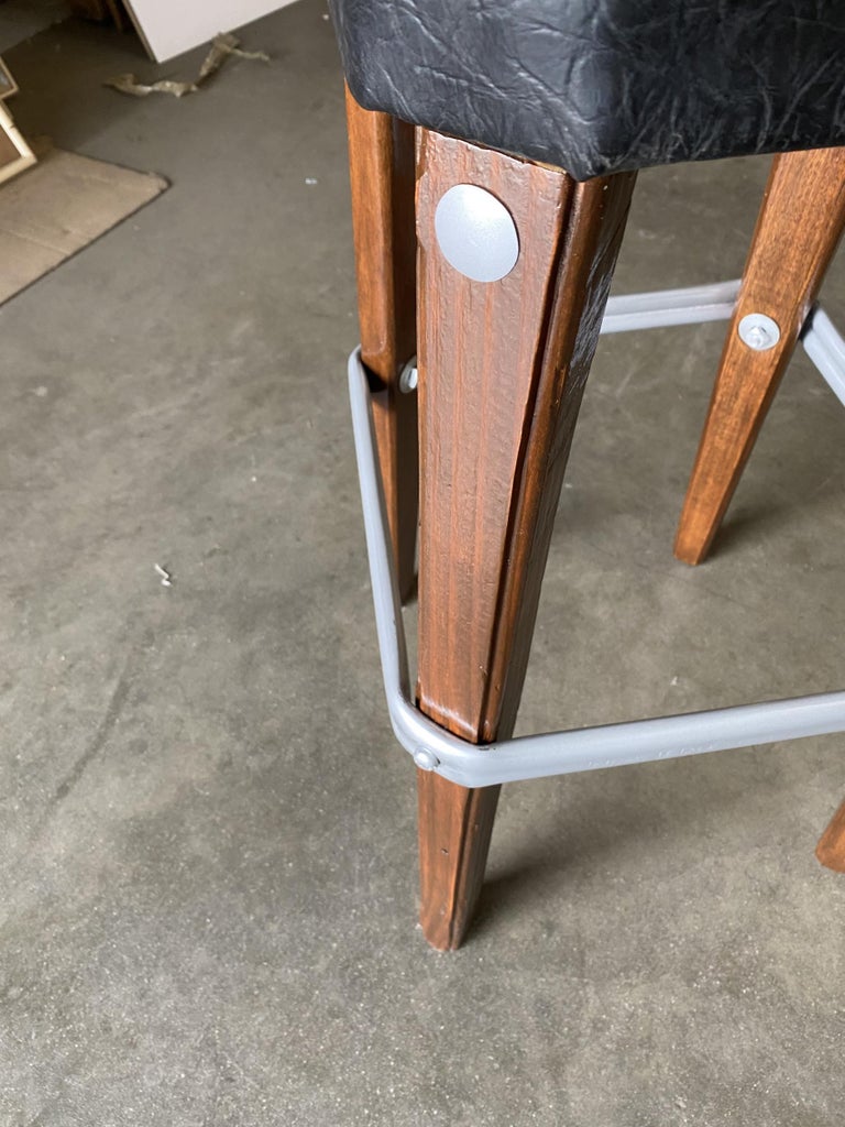 Modernist Steel Studded Knife Leg Bar Stool w/ Black Top Circa 1970, Pair