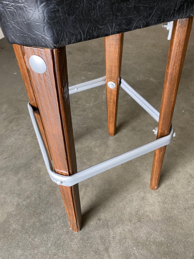 Modernist Steel Studded Knife Leg Bar Stool w/ Black Top Circa 1970, Pair