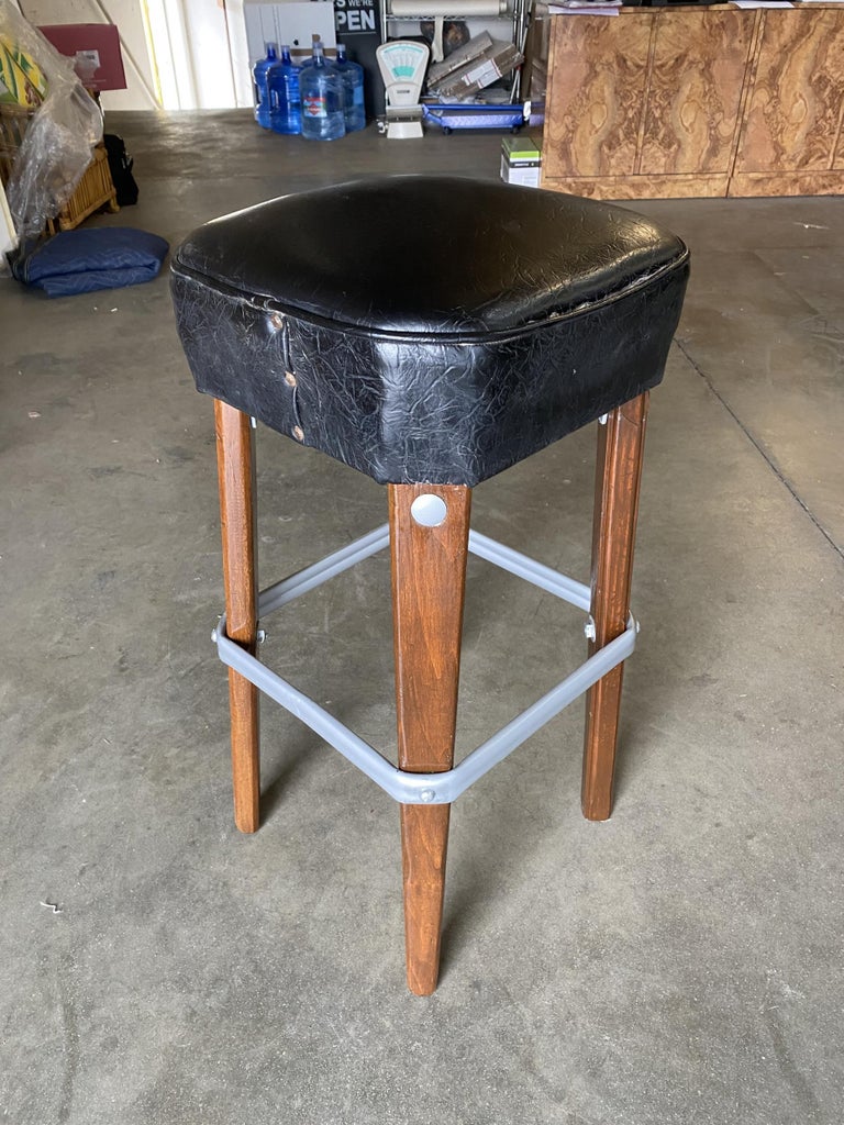 Modernist Steel Studded Knife Leg Bar Stool w/ Black Top Circa 1970, Pair