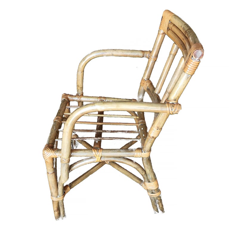 Midcentury Swoop Arm Rattan Armchair with Triple Pole Back