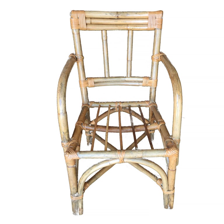 Midcentury Swoop Arm Rattan Armchair with Triple Pole Back