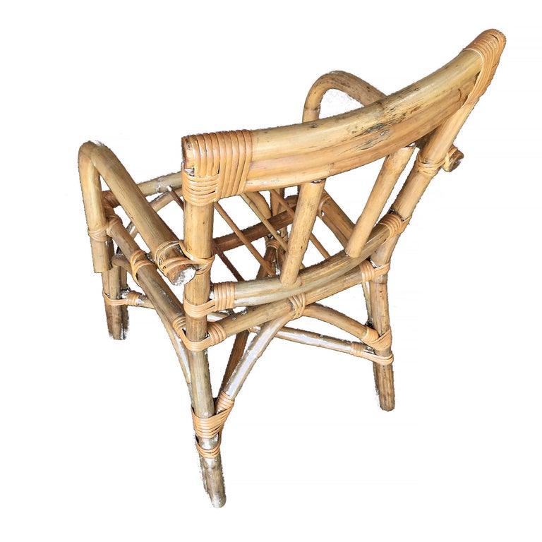 Midcentury Swoop Arm Rattan Armchair with Triple Pole Back