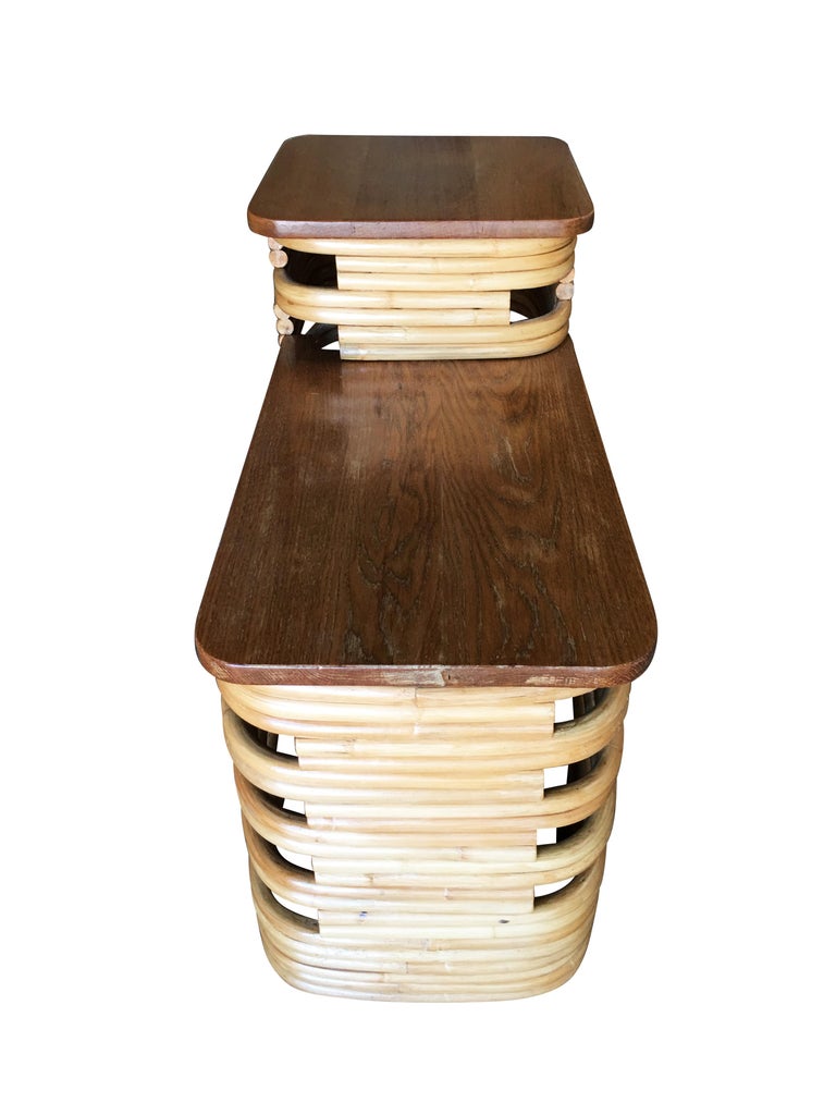Paul Frankl-Style Stacked Rattan Side Tables with Mahogany Top, Pair, circa 1930