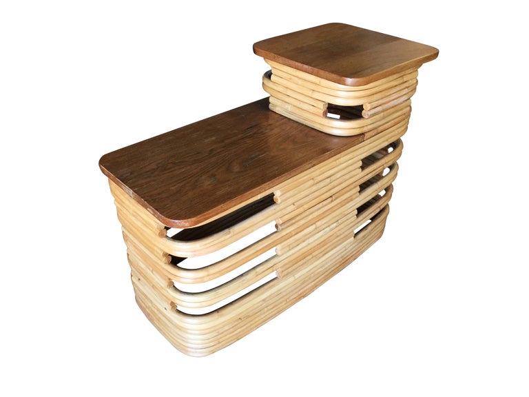 Paul Frankl-Style Stacked Rattan Side Tables with Mahogany Top, Pair, circa 1930