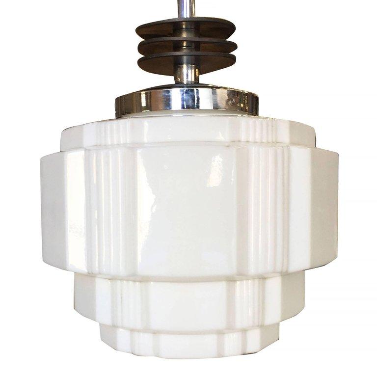 Art Deco Ceiling Pendant with School House Stepped Glass Globe