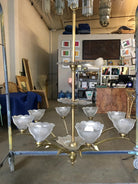 Bronze Modernist Lighting Bolt Chandelier with Holophane Glass Fixtures