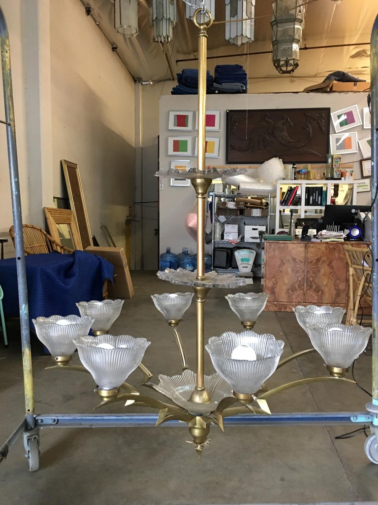 Bronze Modernist Lighting Bolt Chandelier with Holophane Glass Fixtures