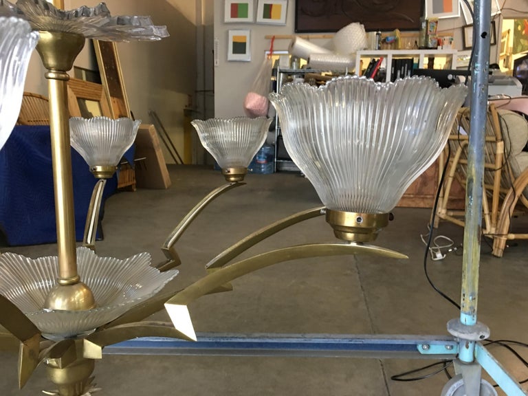 Bronze Modernist Lighting Bolt Chandelier with Holophane Glass Fixtures