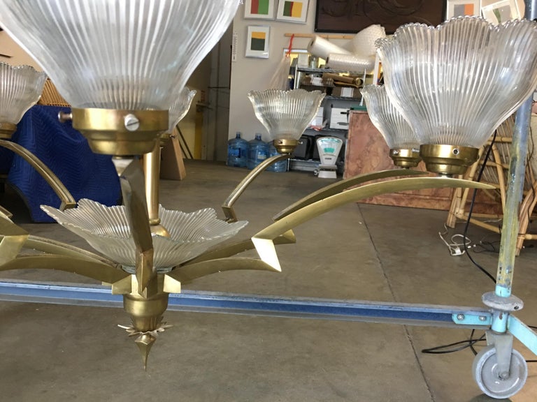 Bronze Modernist Lighting Bolt Chandelier with Holophane Glass Fixtures