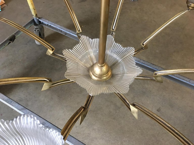 Bronze Modernist Lighting Bolt Chandelier with Holophane Glass Fixtures
