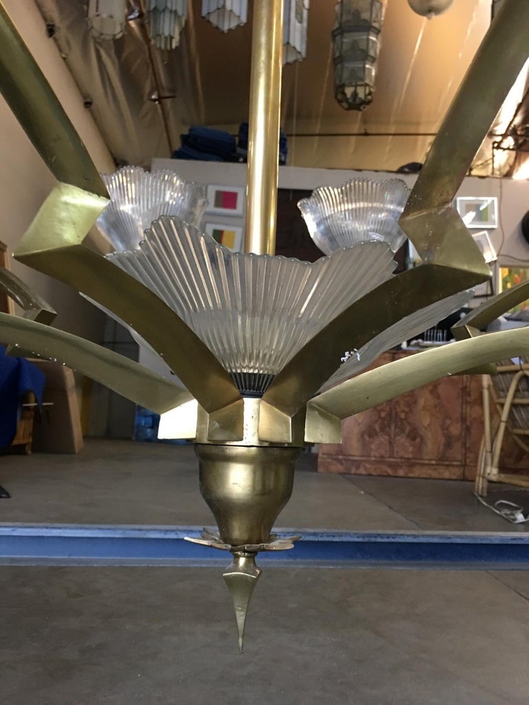Bronze Modernist Lighting Bolt Chandelier with Holophane Glass Fixtures