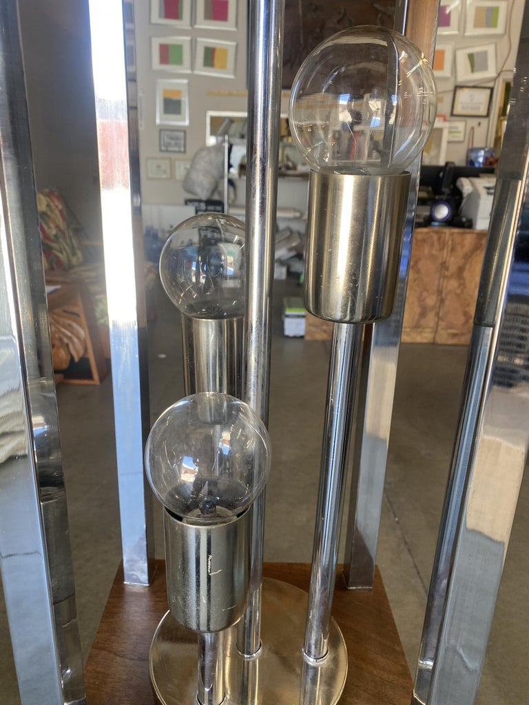 1970s Post Modern Teak and Chrome Pendant Light Fixture, Pair