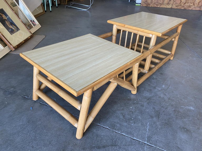 Restored Asymmetric Two-Tier Rattan Coffee Table with Architectural Base