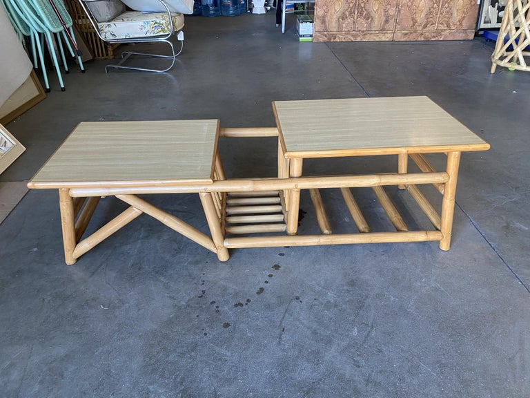 Restored Asymmetric Two-Tier Rattan Coffee Table with Architectural Base