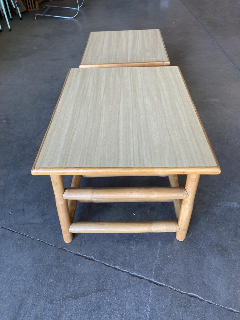 Restored Asymmetric Two-Tier Rattan Coffee Table with Architectural Base