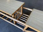 Restored Asymmetric Two-Tier Rattan Coffee Table with Architectural Base