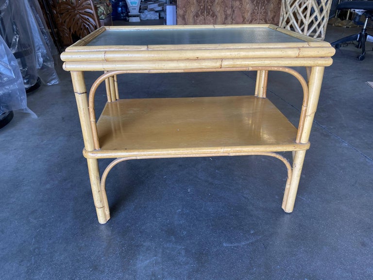 Restored Stick Rattan Two-Tier Coffee Table with Ribbed Glass Top
