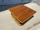 Restored Stacked Slat Rattan Cocktail Table with Cutouts and Mahogany Top