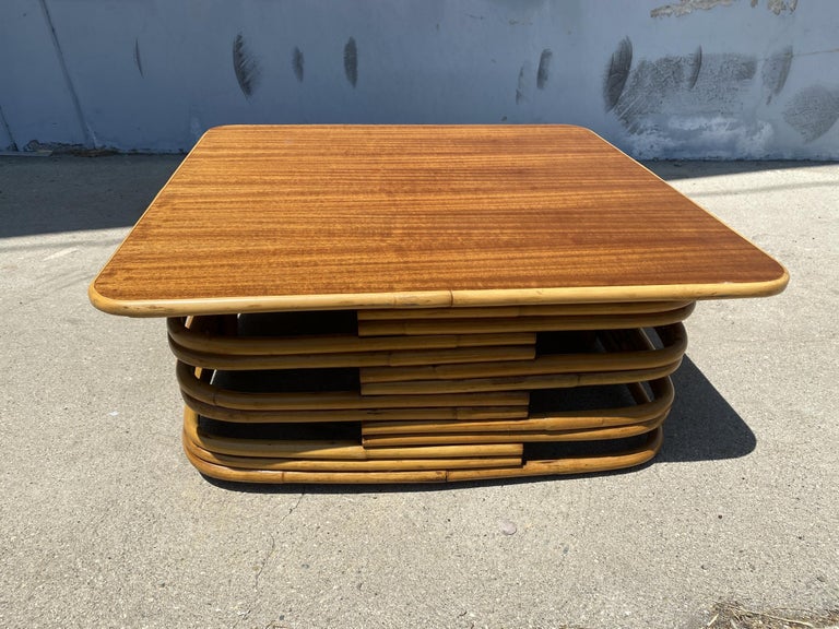Restored Stacked Slat Rattan Cocktail Table with Cutouts and Mahogany Top