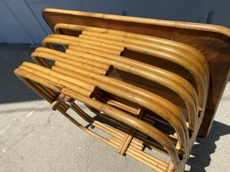 Restored Stacked Slat Rattan Cocktail Table with Cutouts and Mahogany Top
