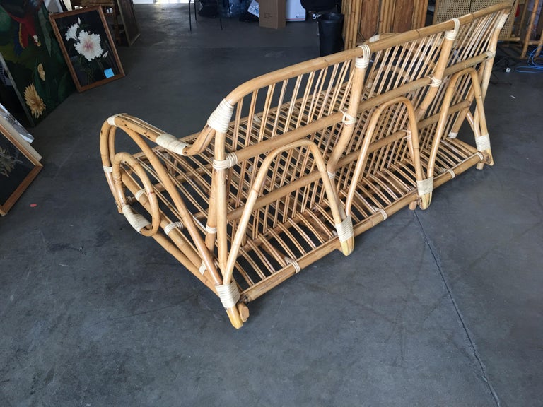 Restored Two-Strand "Circles and Speed" Three Seat Rattan Sofa