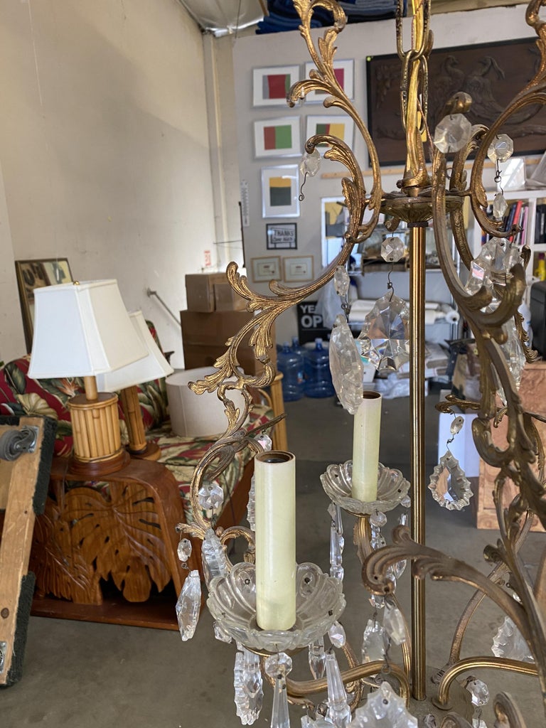 Tall Hollywood Regency Crystal and Brass Chandelier w/ Three Lights