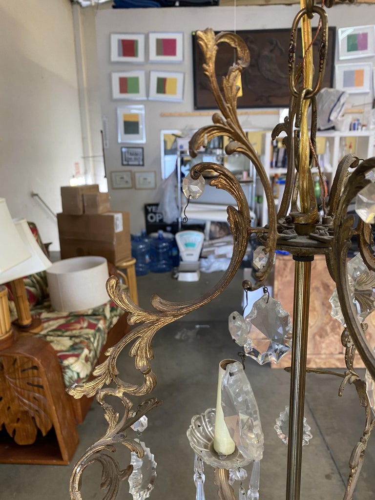 Tall Hollywood Regency Crystal and Brass Chandelier w/ Three Lights