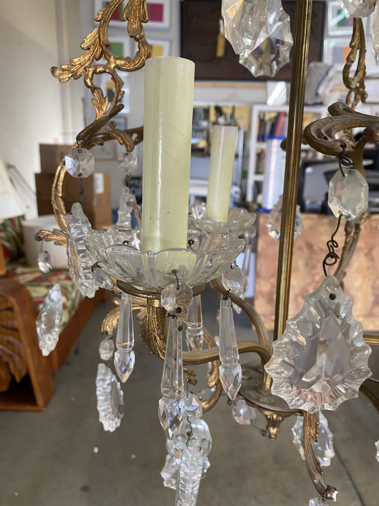Tall Hollywood Regency Crystal and Brass Chandelier w/ Three Lights
