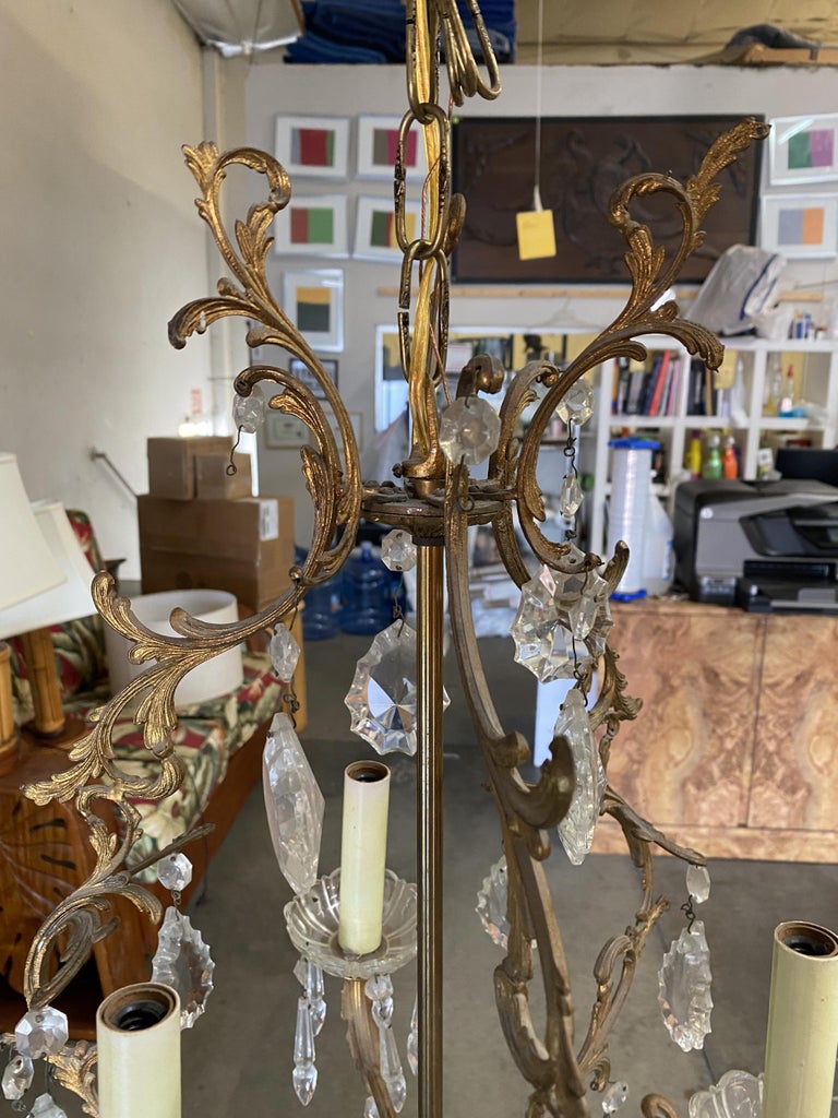 Tall Hollywood Regency Crystal and Brass Chandelier w/ Three Lights