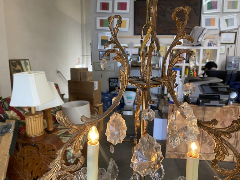 Tall Hollywood Regency Crystal and Brass Chandelier w/ Three Lights