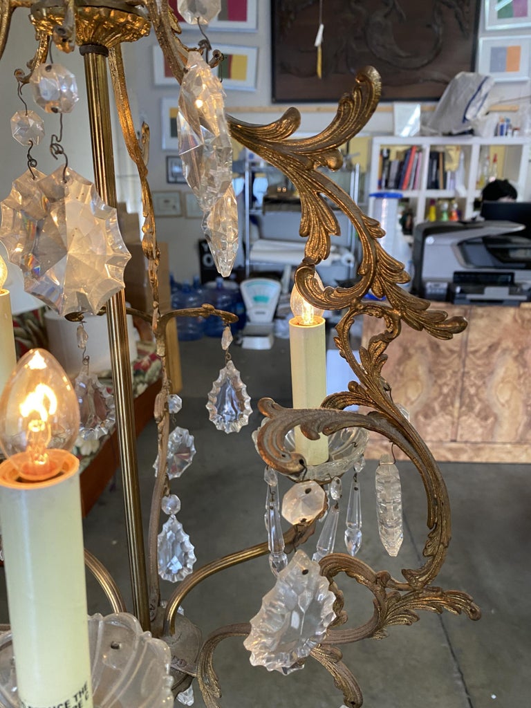 Tall Hollywood Regency Crystal and Brass Chandelier w/ Three Lights