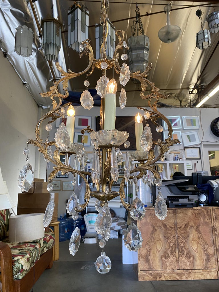 Tall Hollywood Regency Crystal and Brass Chandelier w/ Three Lights