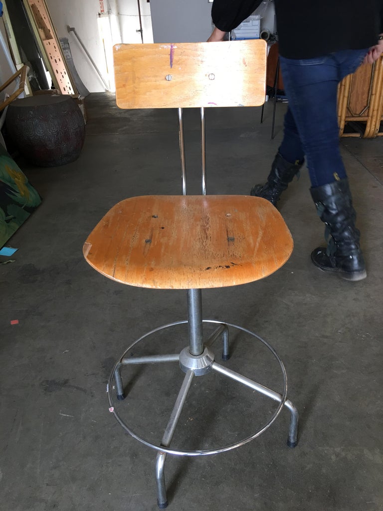 Italian Chrome and Formed Birch Plywood Artist Drafting Work Chair