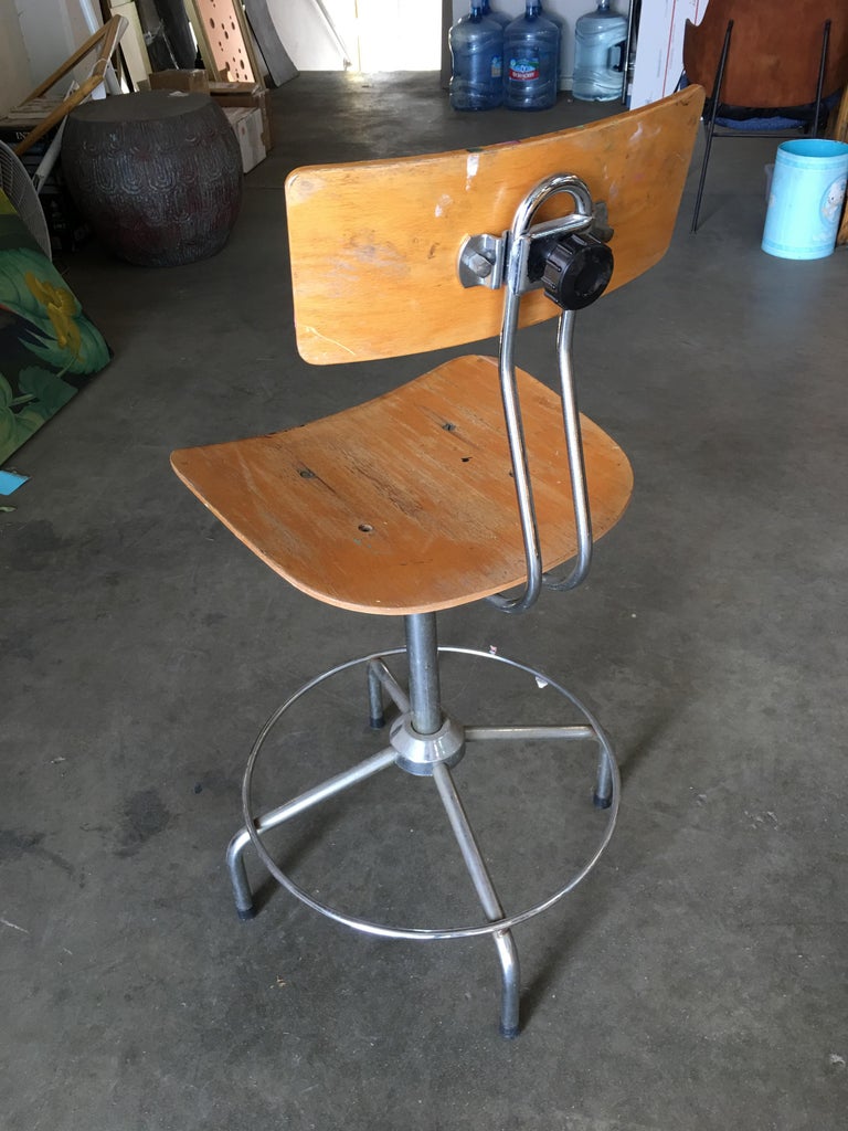 Italian Chrome and Formed Birch Plywood Artist Drafting Work Chair