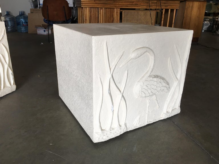 Large White Cube Pedestal Side Tables with Crane Relief, Pair of 1980s
