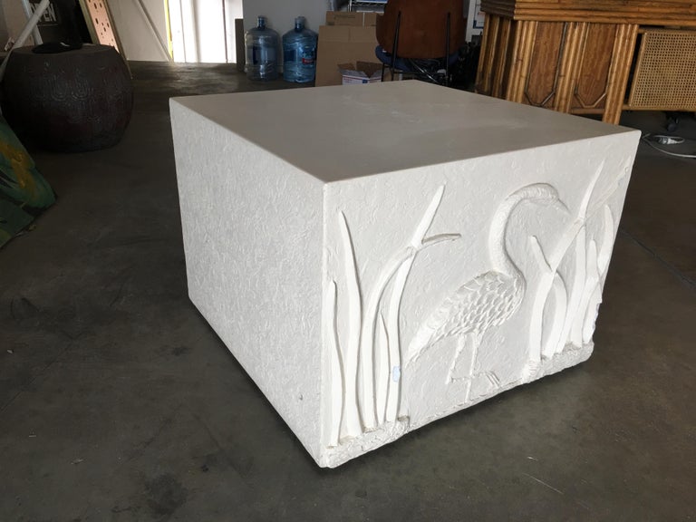 Large White Cube Pedestal Side Tables with Crane Relief, Pair of 1980s
