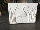 Large White Cube Pedestal Side Tables with Crane Relief, Pair of 1980s