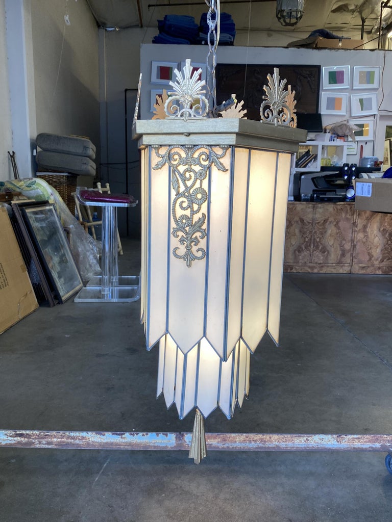 Large Geometric Art Deco Leaded Glass Chandelier w/ Scrolling Top, Available 4