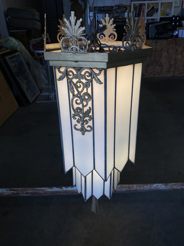 Large Geometric Art Deco Leaded Glass Chandelier w/ Scrolling Top, Available 4