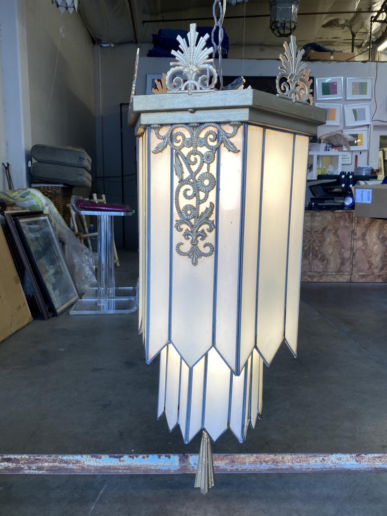 Large Geometric Art Deco Leaded Glass Chandelier w/ Scrolling Top, Available 4