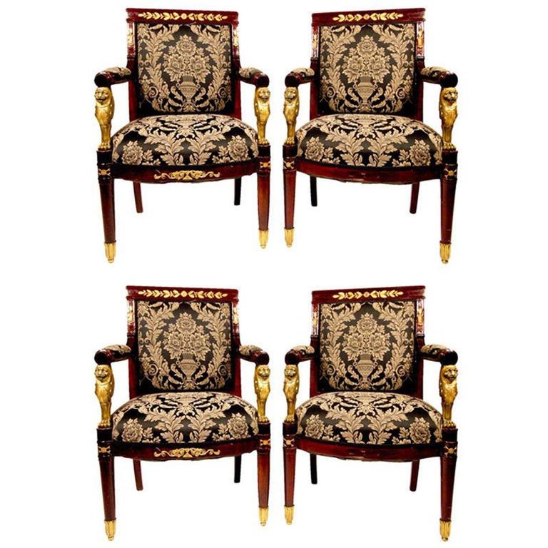 French Federal EmpireStyle Victorian Cherry Wood Armchairs, Set of Four