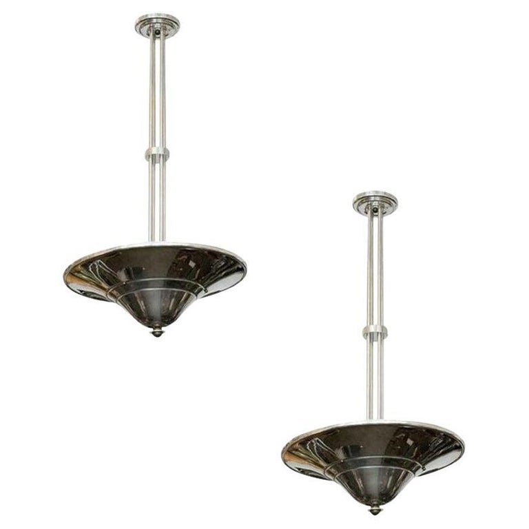 Streamline Art Deco Chrom Steel Saturn Saucer Ceiling Pendant Lamp, Pair