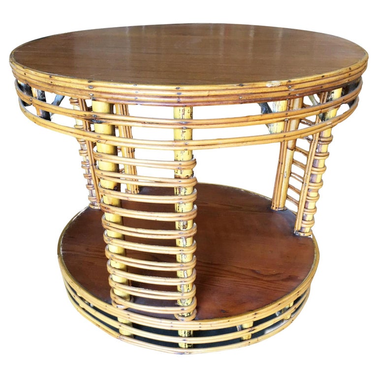 Restored MCM Two Tier Round Stick Reed Rattan Coffee Table With Mahogany