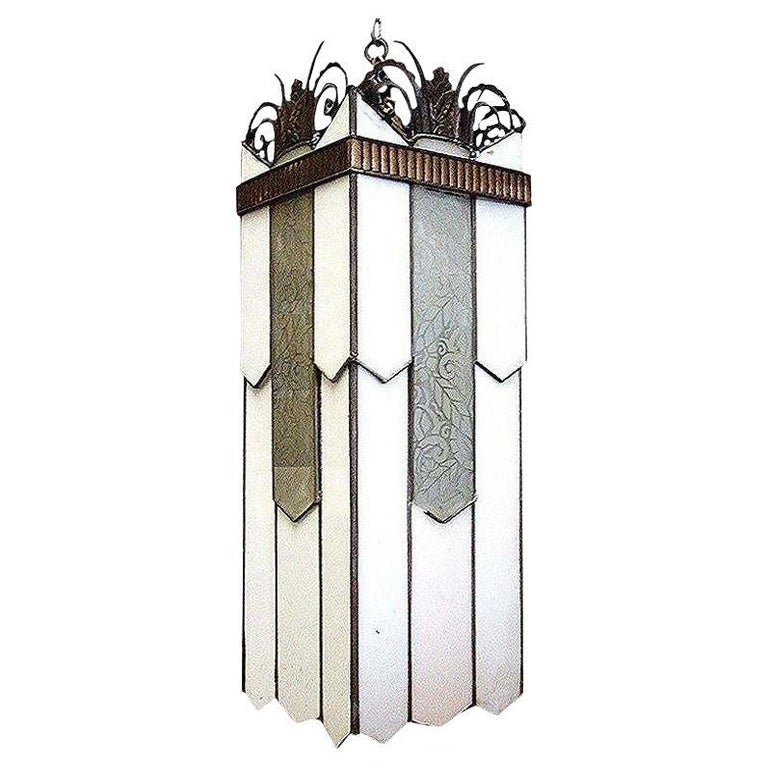 Art Deco Geometric Leaded Glass Grand Theater Chandelier w/ Bronze Scrolling Top