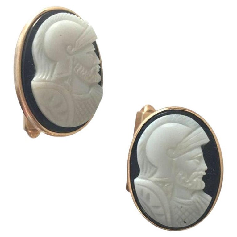 Hand Carved Shell "Knight" Cameo Cufflinks in 14-Karat with Bullet Back Clasp