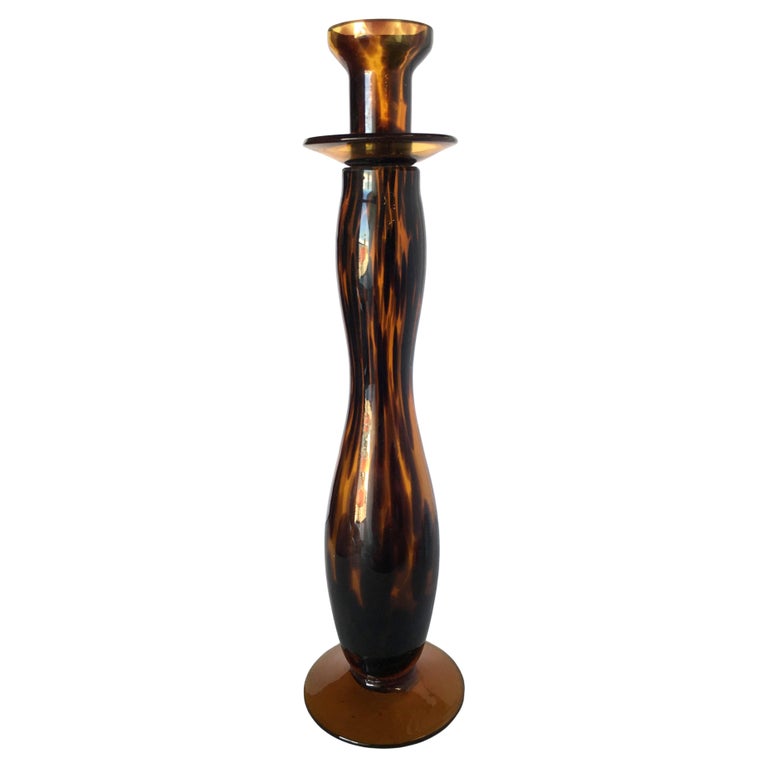 Large Hand Blown Amber Murano Glass Candlestick Holder