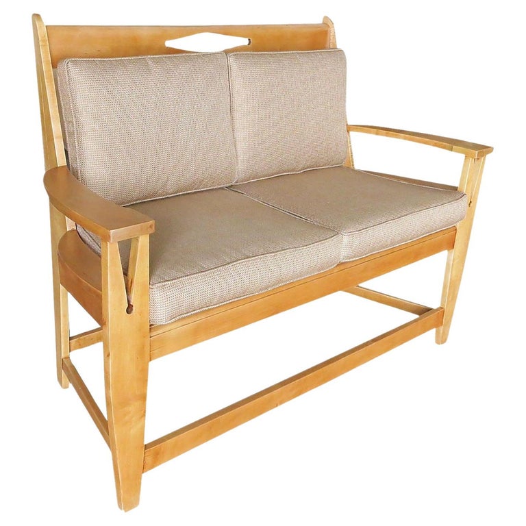 Blonde Wood Sofa with Clothespin Shaped Accents In The Style of Stickley