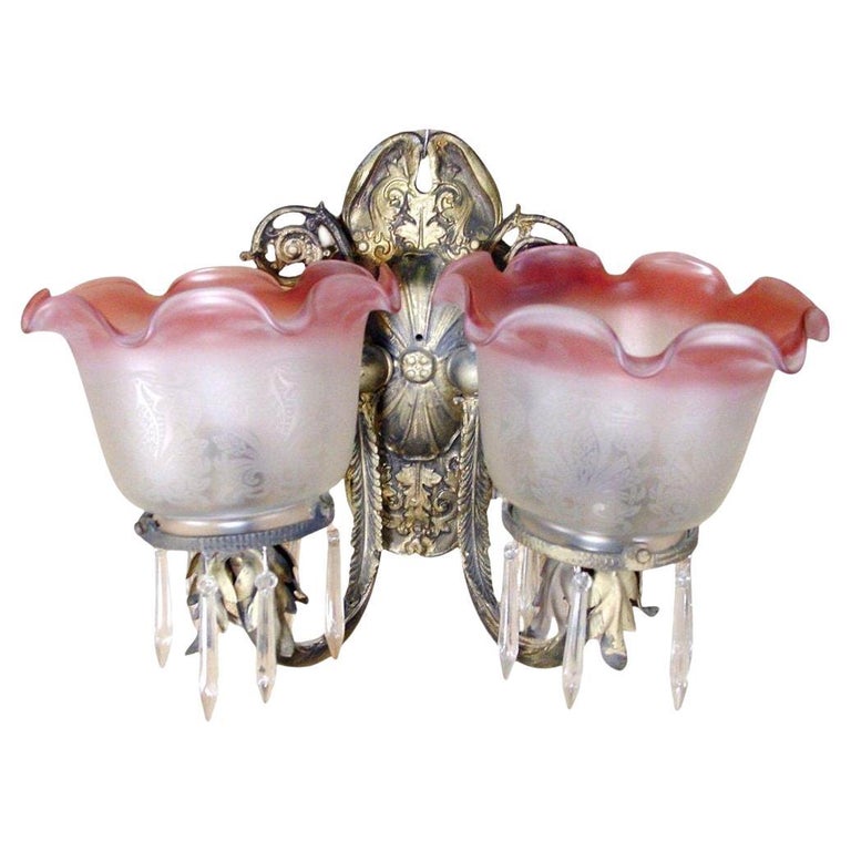 Neoclassical Brass Sconce With Acid Etched Rose Shades